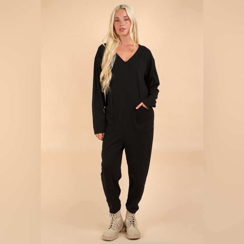 Black Relaxed Knit Jumpsuit with V-Neck